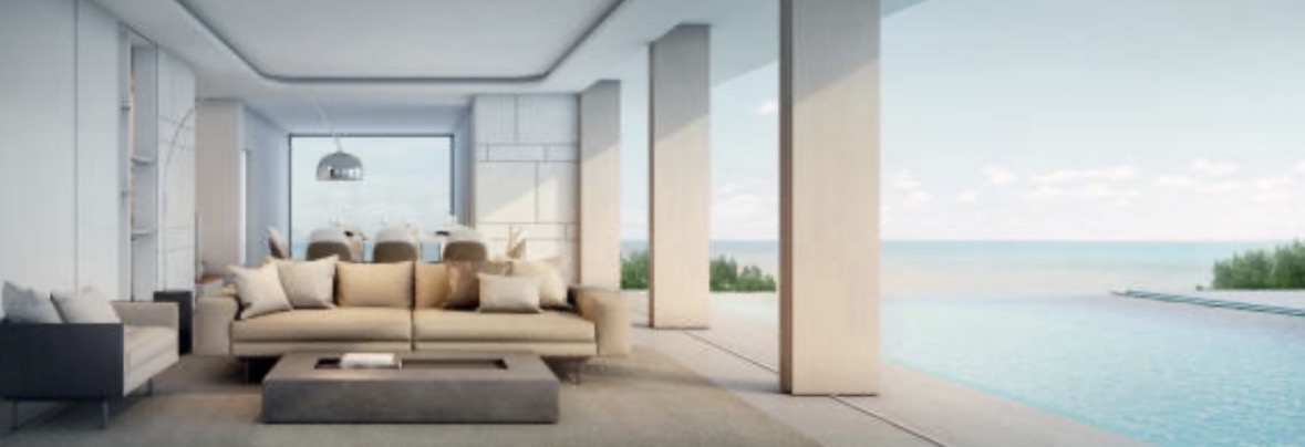 Coastal living room with infinity pool